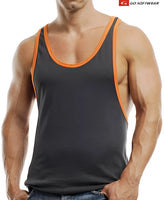 Go softwear active L. A. wash y back muscle tank top charcoal with orange trim in size L shown from the back