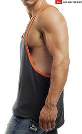 Black charcoal go softwear active l a wash y back muscle tank top with orange trim size l shown from the back