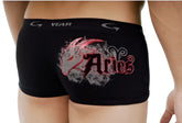 Black boxer briefs with distressed red and white aries graphic and stylized horns by go softwear astrology retro shorts capricorn