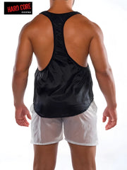 Black satin racerback gym tank top with elasticized hem go softwear fluid gym tank top size l back view