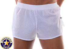 White mesh athletic shorts by go softwear aj sports with branded waistband logo size s