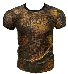 A shimmering gold and black textured short-sleeve tee with black ribbed neckline and sleeve cuffs gold leaf tee