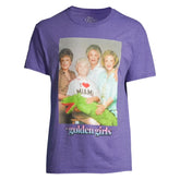 Purple heathered cotton golden girls i love miami tee featuring cast holding a green stuffed alligator print