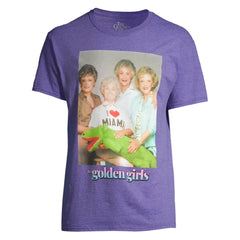Purple heathered cotton golden girls i love miami tee featuring cast holding a green stuffed alligator print