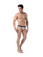 White and black Goodfellas underwear sheer jock strap with snug fit and elastic waistband size XL front view