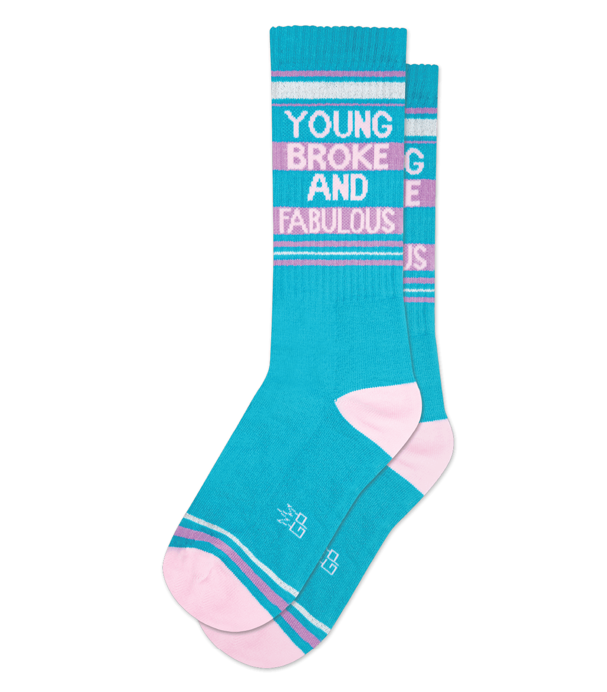 Teal and pink striped crew socks with young broke and fabulous printed in white for casual wear