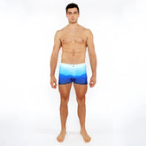Men’s gradient printed swim shorts with blue ocean gradient design made from stretchy fabric for comfort and flexibility