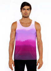 A man wearing a gradient stretch mesh tank top with smooth purple hues transitioning from lavender to deep magenta