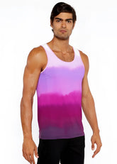 A gradient stretch mesh tank top with a vibrant pink to purple gradient in stretchy fabric and thin straps