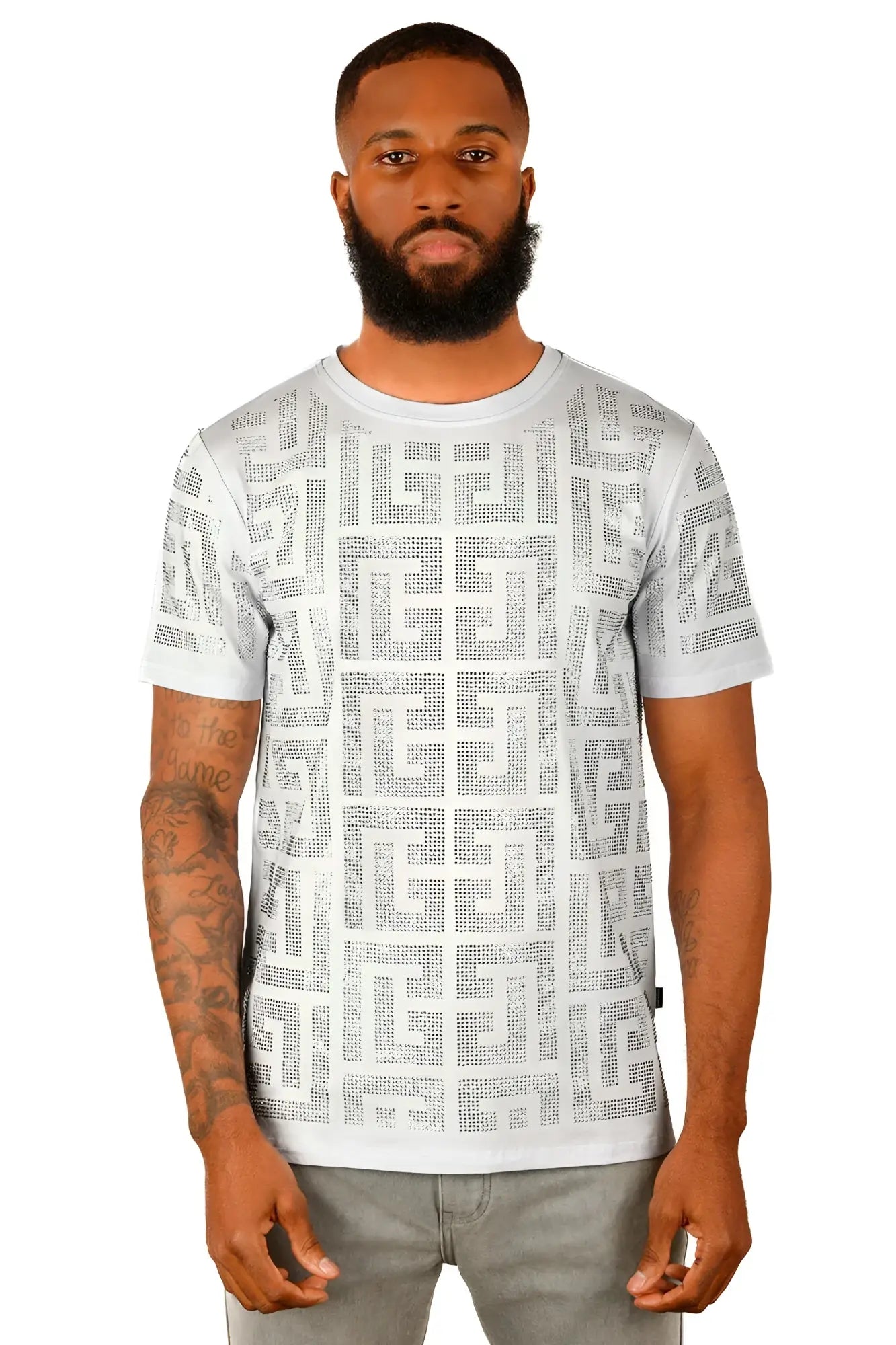 White short-sleeved t-shirt with bold greek key pattern and sparkling rhinestones on front