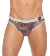 Gray mesh Gregg Homme beyond doubt brief underwear with solid gray waistband and small black brand tag size XL