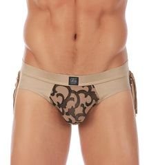 Beige and dark brown ornate patterned gregg homme cowboy briefs with side ties in size large sand color