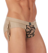 Beige suede briefs with black ornate pattern and fringe detailing by Gregg Homme cowboy brief underwear size L