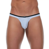 Light blue and white striped Gregg Homme FEEL IT stripe thong underwear with black elastic waistband and alessandro logo size L