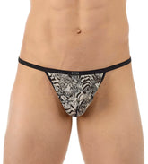 Black and white patterned tiger-themed thong with black elastic waistband and gregg brand name size XS by Gregg Homme