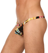 Vibrant plaid-patterned Gregg Homme stripper thong underwear in black yellow red and teal tones size XL front view