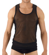 Black mesh tank top with solid black trim around neckline and armholes by gregg homme size s