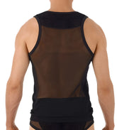 Gregg Homme TRYST black sheer mesh tank top with lace trim and leopard print accents size S front view