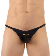 Black lace thong underwear by Gregg Homme with a gold logo plaque in size XS model 130104