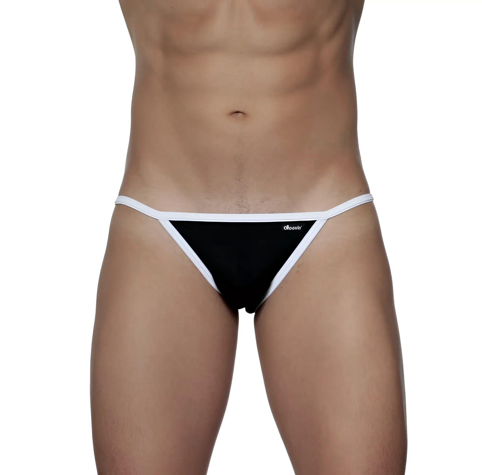 Black and white groovin accent string bikini thong with slim minimalist design shown from the back side
