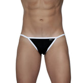 Black and white groovin accent string bikini thong with slim minimalist design shown from the back side