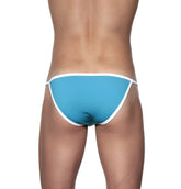 Turquoise blue groovin accent string bikini thong with white trim in cyan blue for swimwear and beachwear use