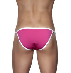 Bright pink groovin accent string bikini swim trunks with white trim for stylish beachwear and swimming