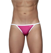 Fuchsia pink groovin accent string bikini thong with white trim and small brand logo on the side