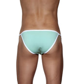 Mint green thong bikini with white trim groovin accent string bikini made of soft stretch fabric front view