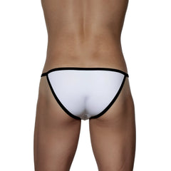 White thong string bikini with black trim showing the back side in groovin accent style model st0401