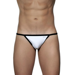 White thong string bikini with black trim and small brand logo on the front groovin accent st0401
