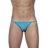 Teal-colored slim-fitting Groovin string bikini cyan blue thong with subtle brand logo on the waistband front view