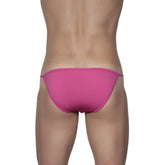 Bright pink form-fitting groovin string bikini swim trunks with a thin elastic waistband in fuchsia pink