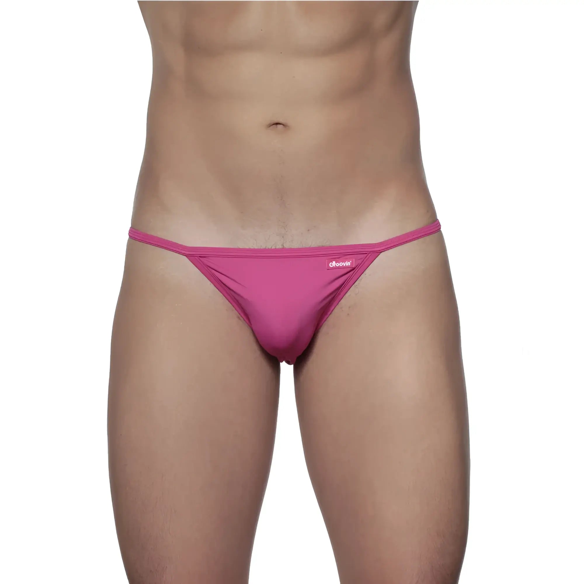 A vibrant pink form-fitting thong bikini made of smooth fabric with a small brand tag on the waistband