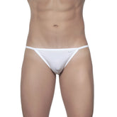 White minimalist thong bikini groovin string bikini st0101 made of smooth fabric with subtle logo on waistband back view