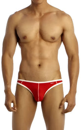 Red and white groovin underwear accent v cut bikini briefs with a sleek form fitting athletic design