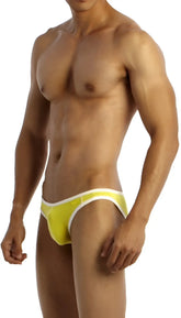 Bright yellow groovin underwear accent v-cut bikini swim trunks with white trim for vibrant beachwear