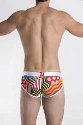 Groovin underwear pop art cup boxer with vibrant multicolored geometric and abstract patterned briefs in red yellow blue green and white