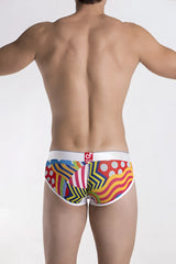 Groovin underwear pop art cup boxer with vibrant multicolored geometric and abstract patterned briefs in red yellow blue green and white