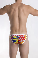 Groovin underwear pop art string bikini bkP1702 with vibrant red yellow and blue geometric swim trunks and white polka dots