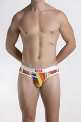 Groovin brand men’s prism hip briefs with vibrant rainbow geometric pattern on white waistband BFP1701