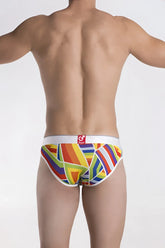 Groovin underwear prism hip brief bfp1701 featuring vibrant rainbow stripe geometric pattern with white elastic waistband