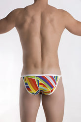Vibrant rainbow-striped groovin underwear prism string bikini briefs with white trim front view