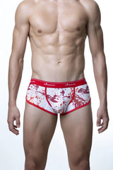 Men’s groovin underwear splatter art cup boxer in red and white with red elastic waistband and aaovin logo