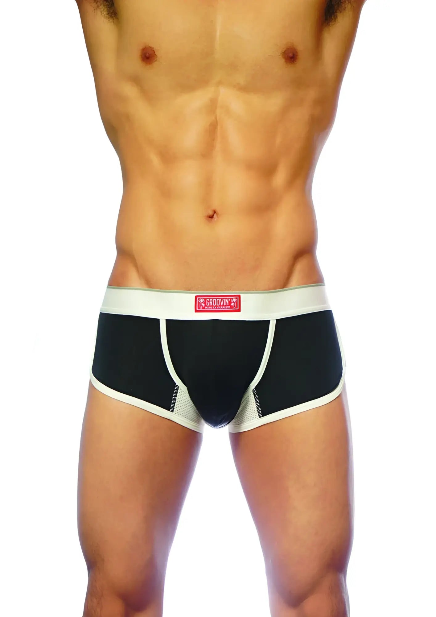 Black and white groovin underwear ventilated cup boxer with mesh side panels and red waistband brand label