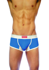 Blue and white groovin underwear ventilated cup boxer with mesh panels designed for athletic performance