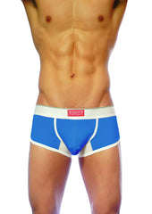 Blue and white groovin underwear ventilated cup boxer with mesh panels designed for athletic performance