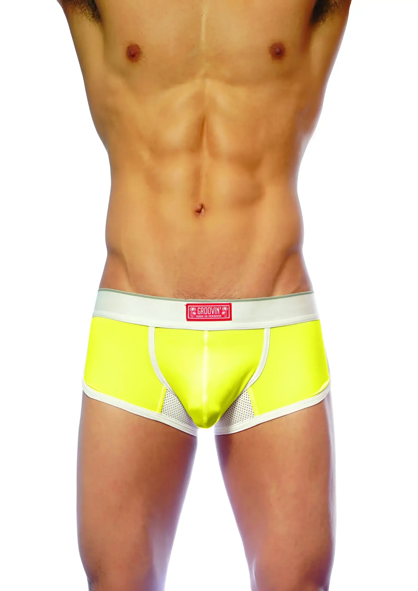 Bright neon yellow groovin underwear ventilated cup boxer with white trim mesh panel and groovin logo waistband