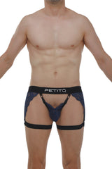 Dark blue lace trimmed men’s briefs with black elastic waistband and leg straps featuring petitq logo by lurris lace navy g-string