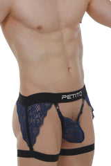 Navy blue lace thong with black elastic waistband and leg straps featuring petitq brand logo from g-string lurris lace navy collection